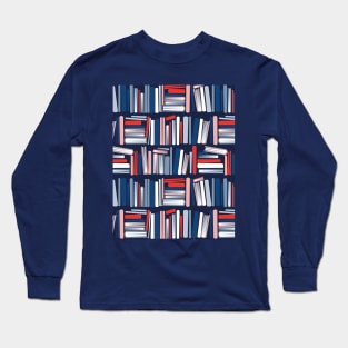 Colourful books // oxford navy blue bookshelf background neon red flesh coral white classic and pastel blue books Long Sleeve T-Shirt